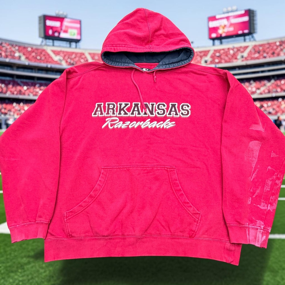 Vintage Starter Arkansas Razorbacks Hoodie Mens Large Faded Red Thrashed Paint